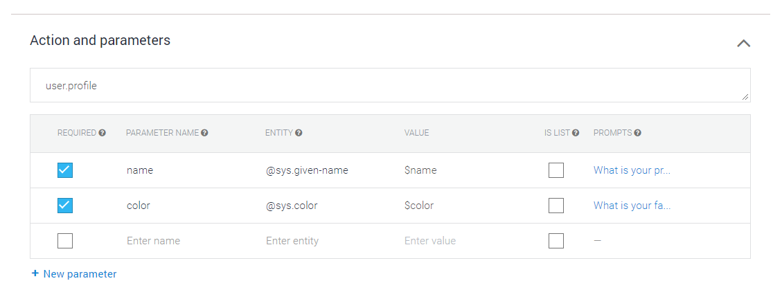 Dialogflow action and params