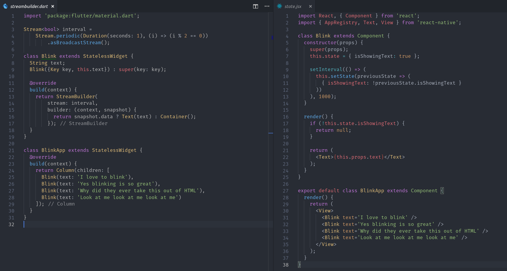 comparison of code footprint between react native and flutter for managing component state