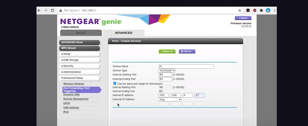 The port forwarding setup on a Netgear router