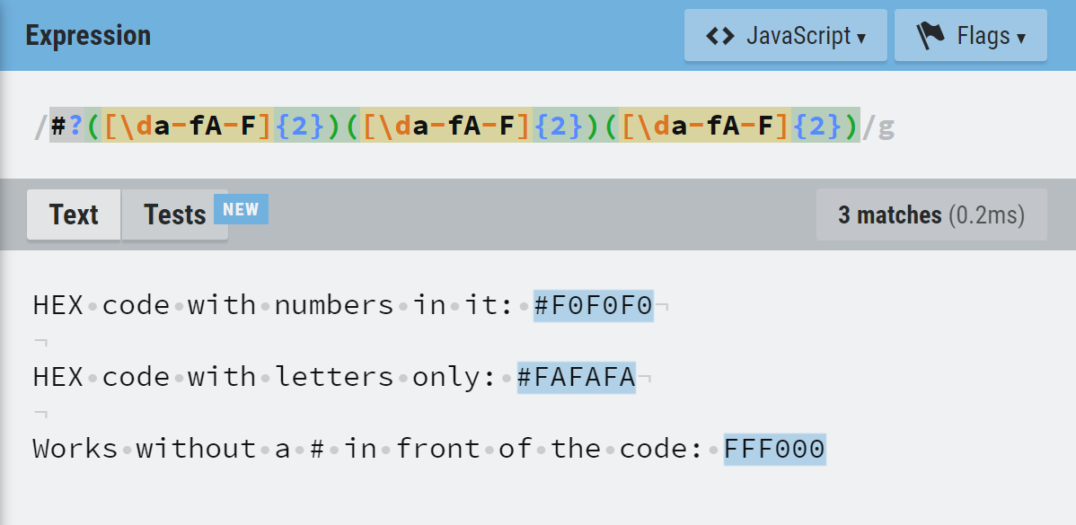 Find all of the hex codes with RegEx (via regexr.com)