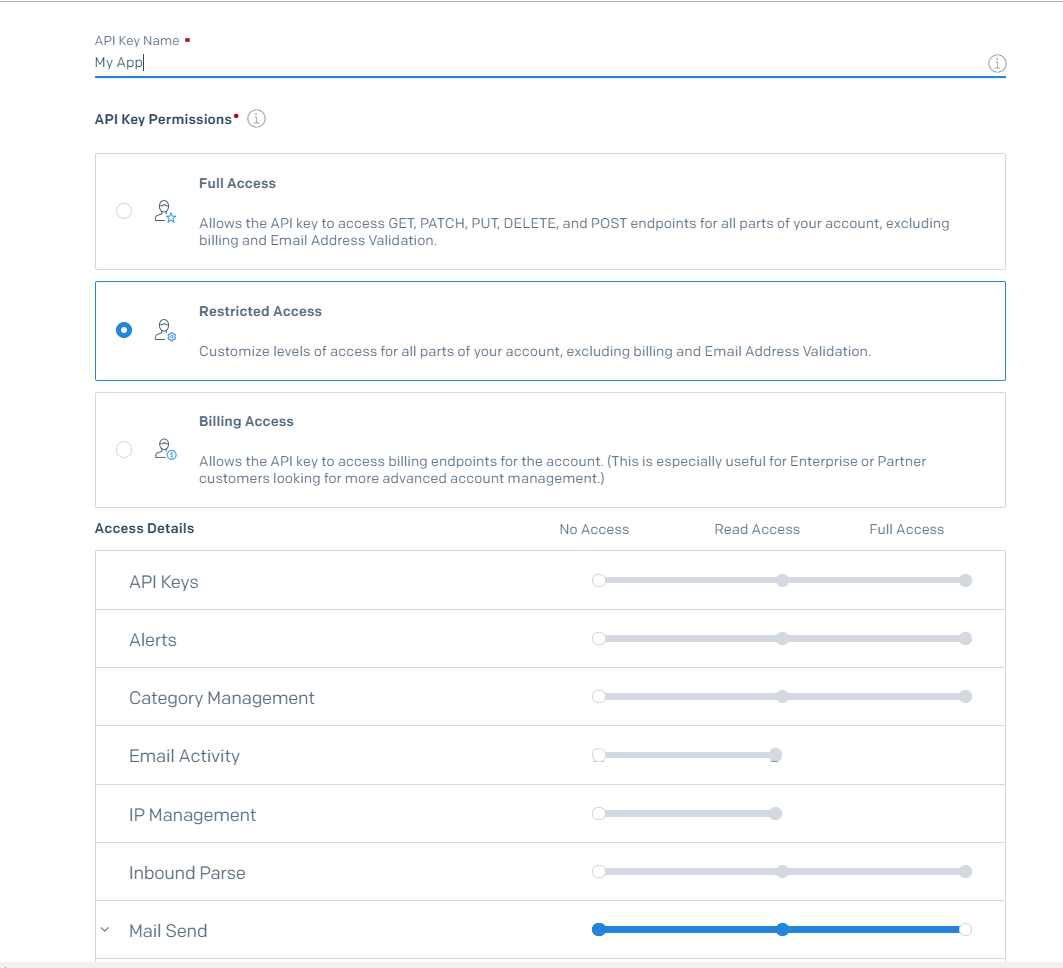 SendGrid API Key Settings